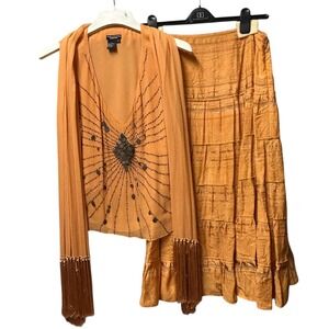 Vtg Doncaster Boho Silk Skirt 3Pc Set Coin Charms Tassels Whimsigoth Gypsy Sz 12